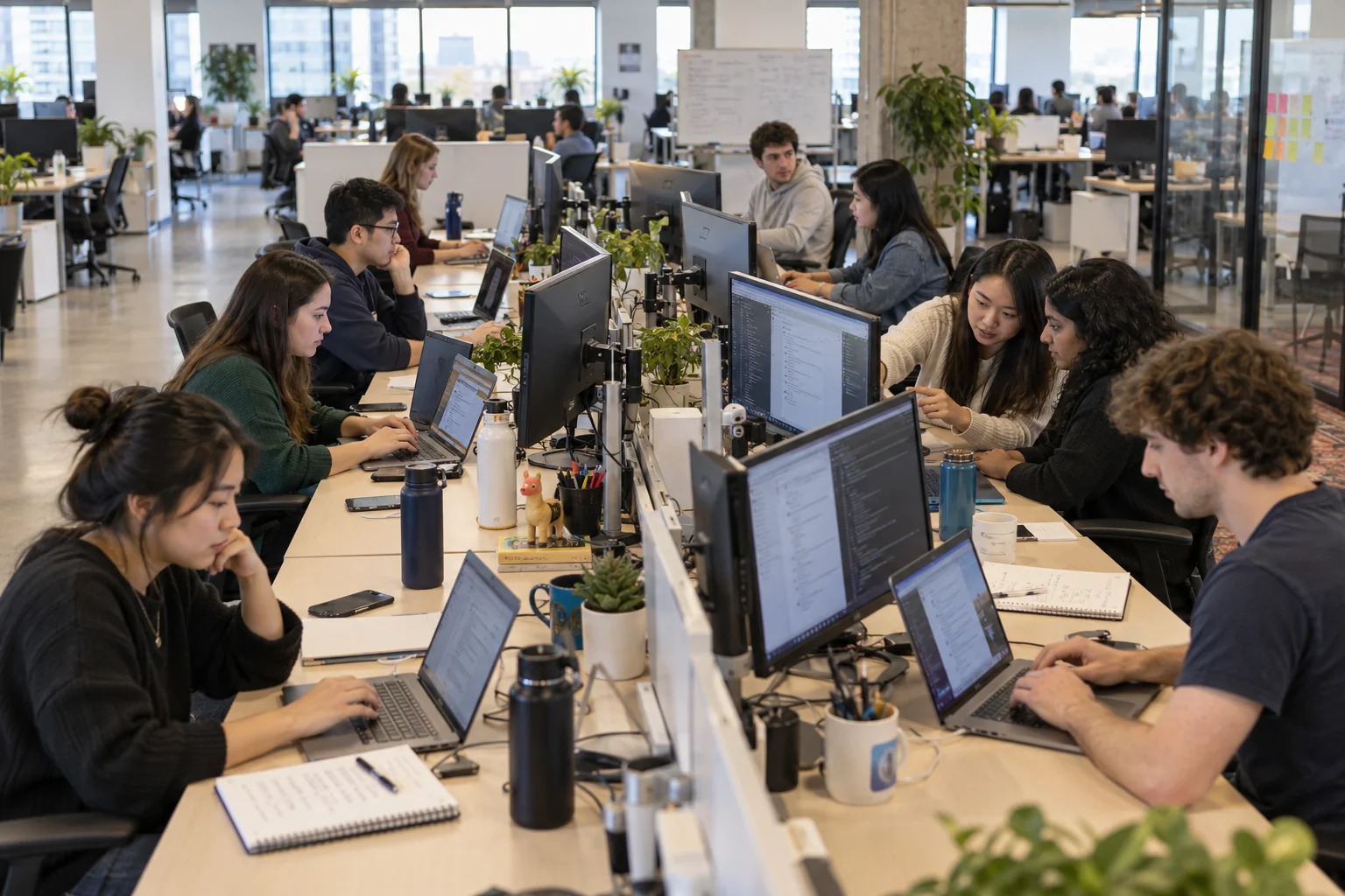 A team of young NLU analysts works at shared desks in an open tech office, some on laptops and monitors showing code, others talking through a conversation together