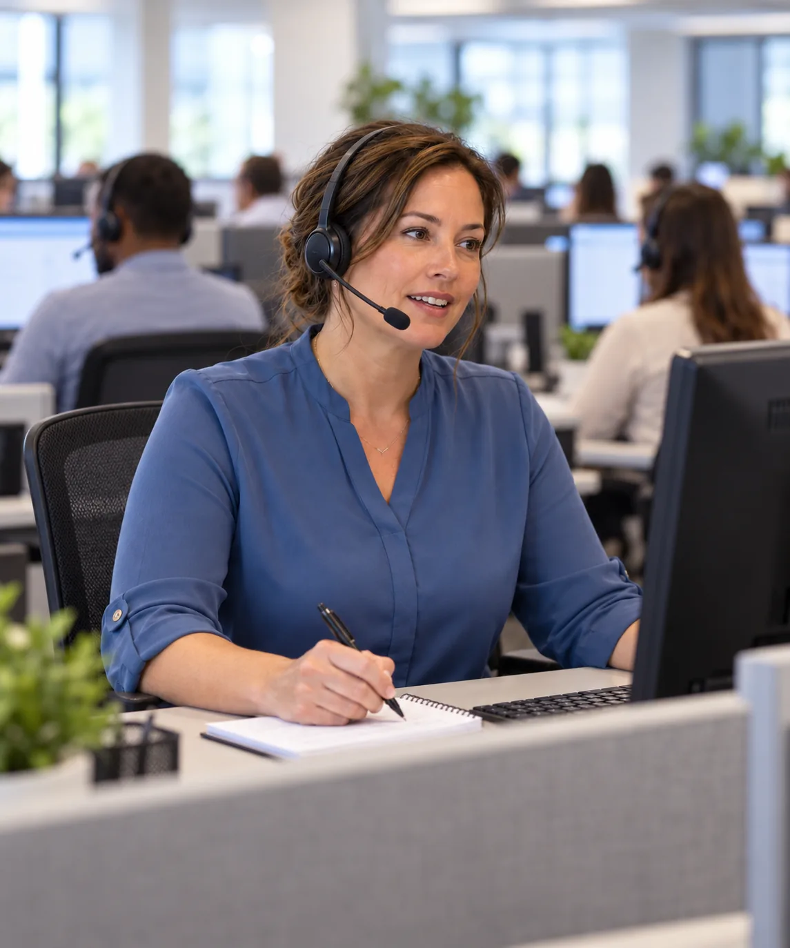 A headset-wearing call-center agent takes a call at her desk in an open office, taking notes