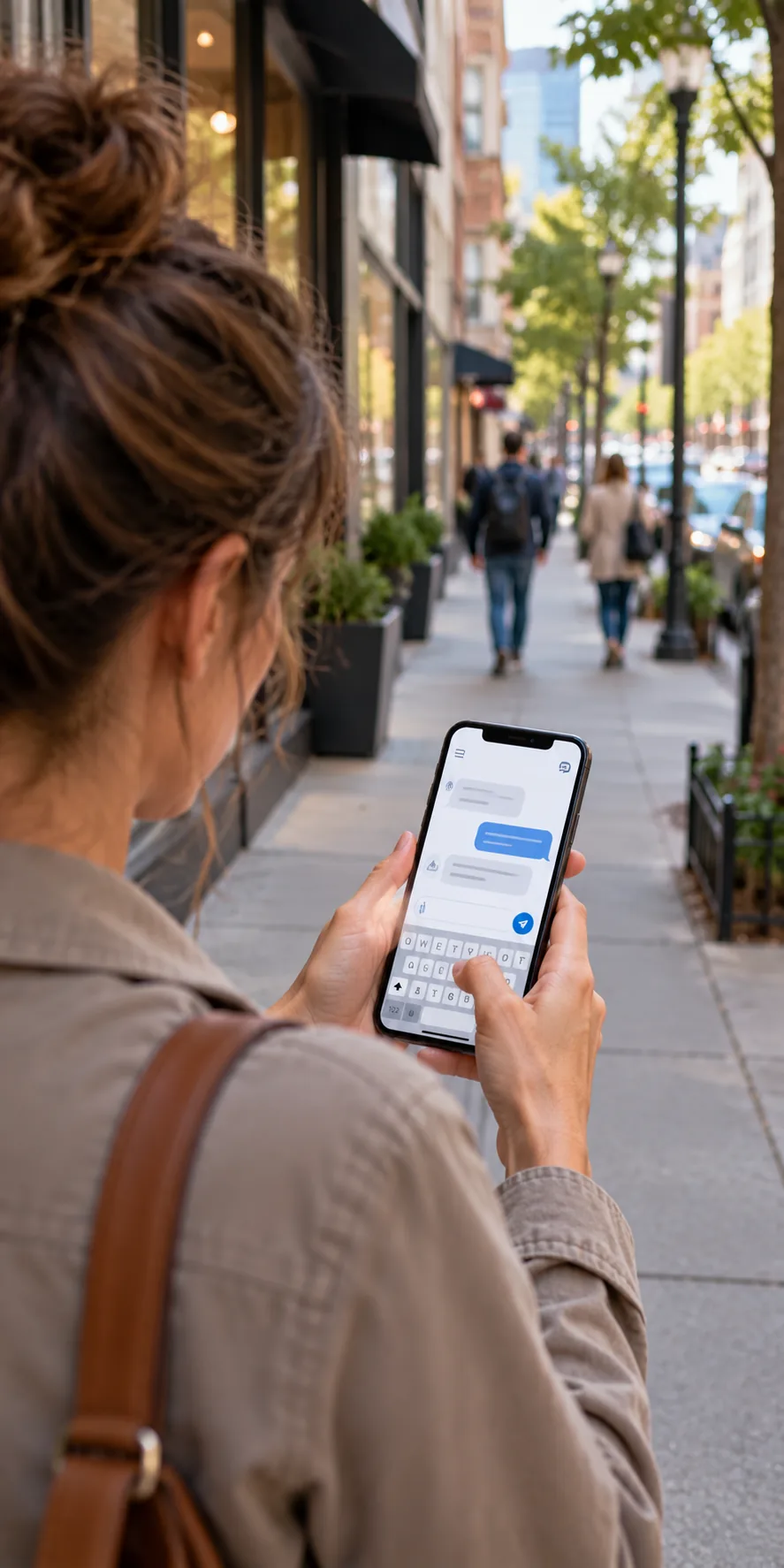 Over the shoulder of a customer typing in a chat conversation on their phone while standing on a city sidewalk