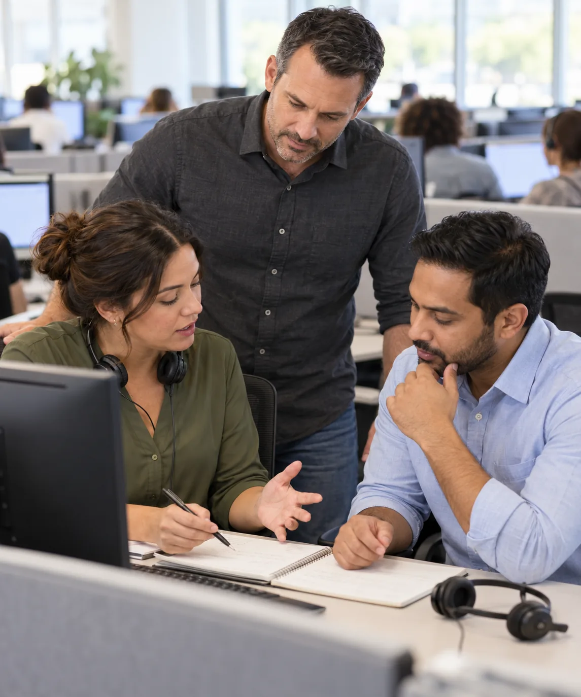 Two call-center colleagues and a manager discuss call handoff notes in an open office