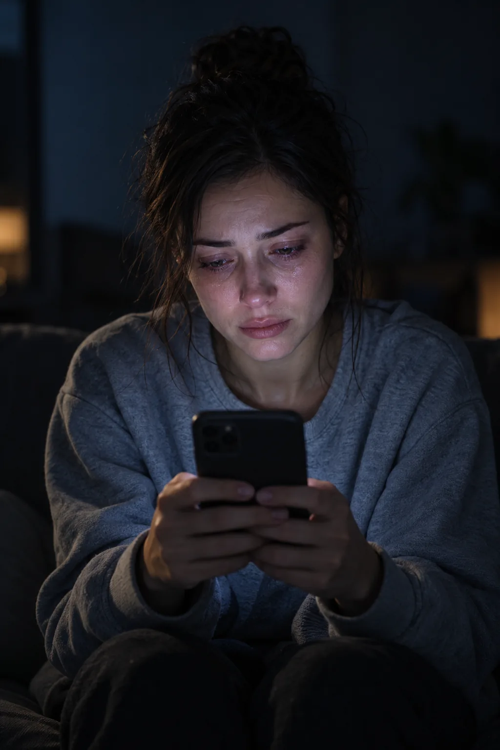 A woman sitting in a dark room late at night, tearful, her face lit by the phone she is texting on