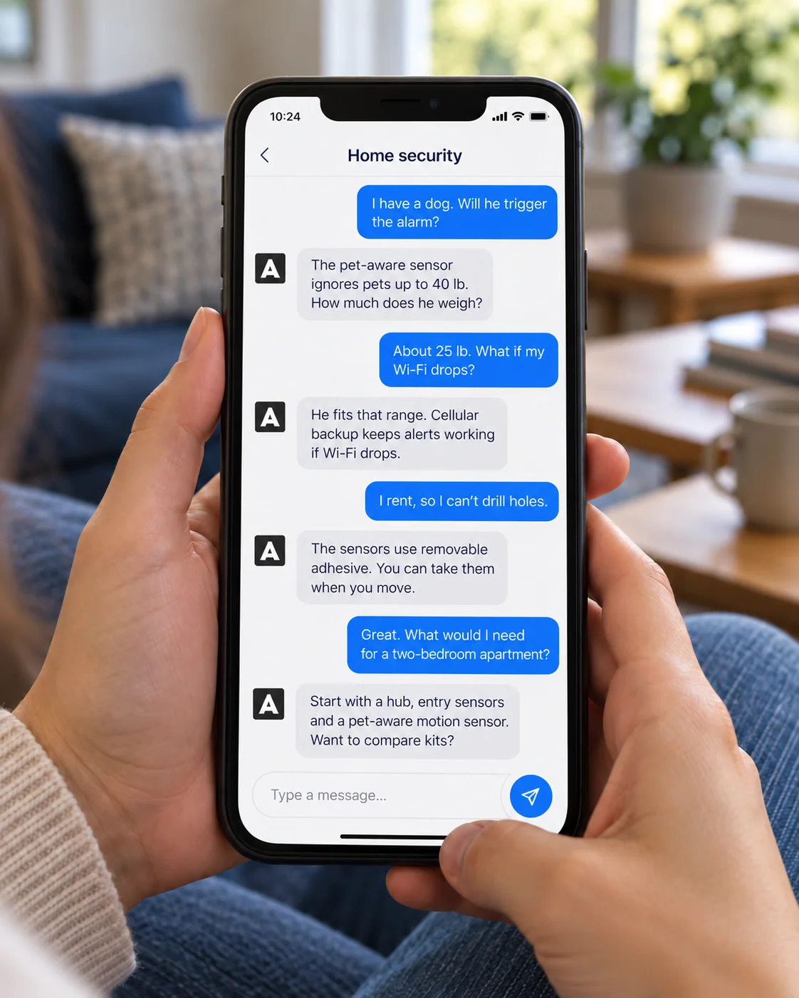 A home-security sales chat in which the agent answers product questions and resolves a customer’s concerns