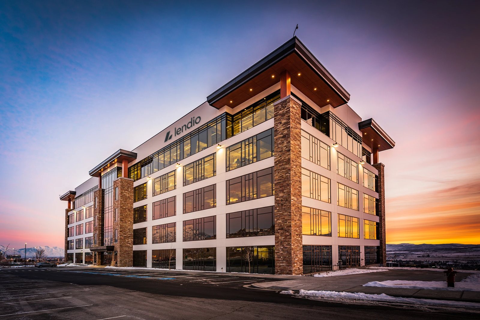 Lendio headquarters at dusk, with the Lendio sign on the upper wall