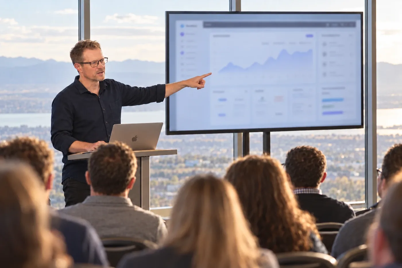 Adam Michaelson at a podium with a MacBook, pointing at a large screen showing a dashboard, with an audience in the foreground and a window view of Utah County behind