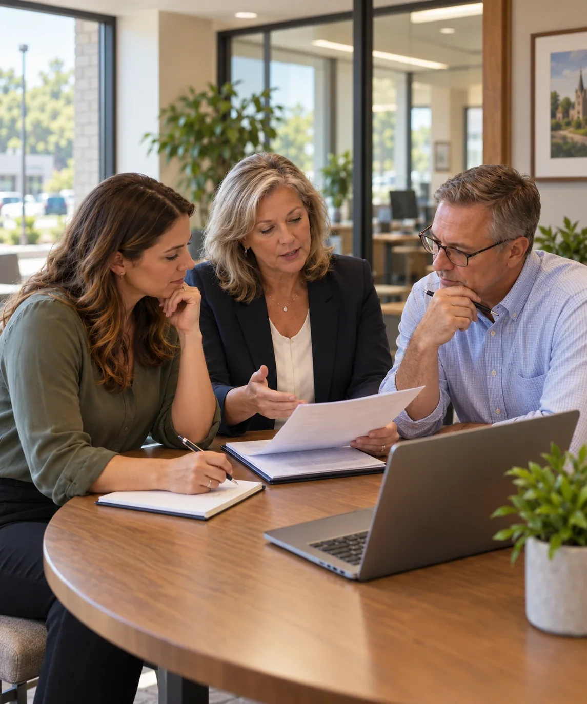 Three community bank officers gather around a table and review a small business loan application together