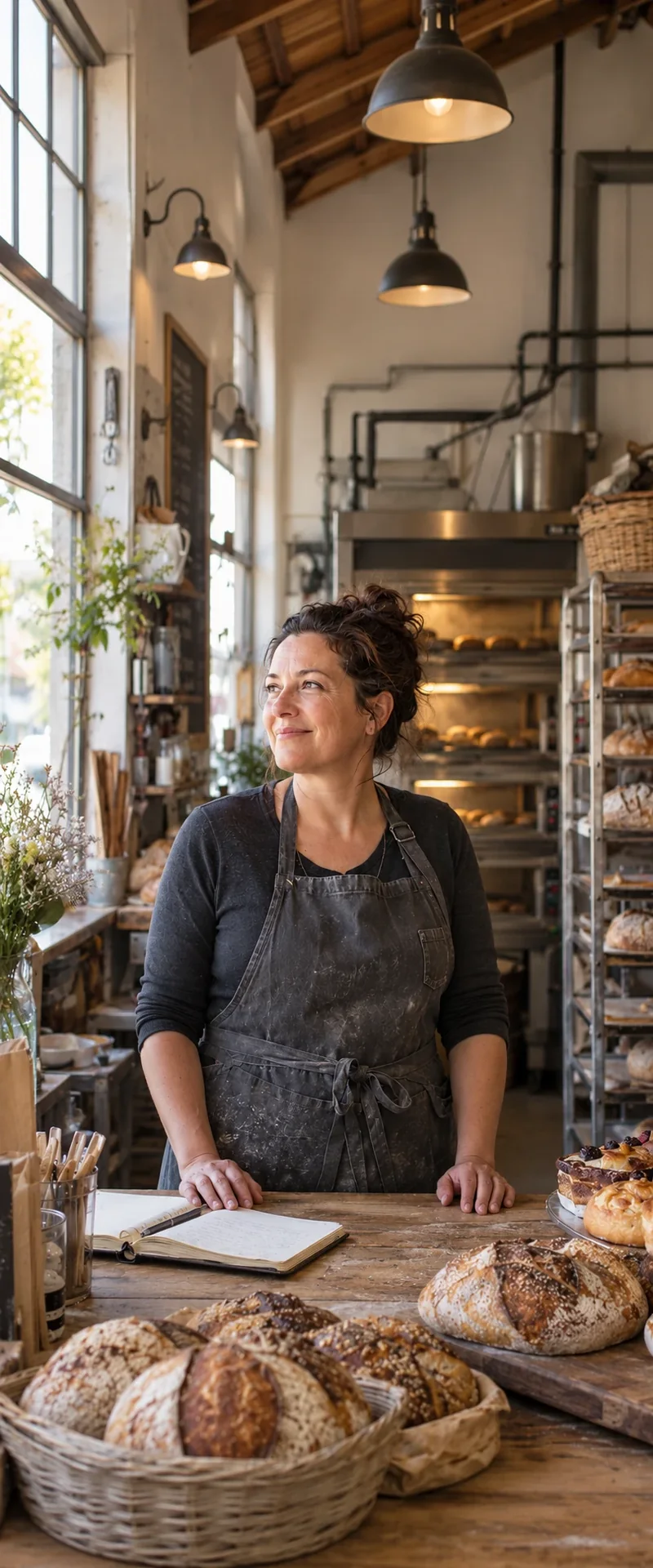 A small business owner in her bakery, standing at the counter with a notebook and fresh loaves in front of her