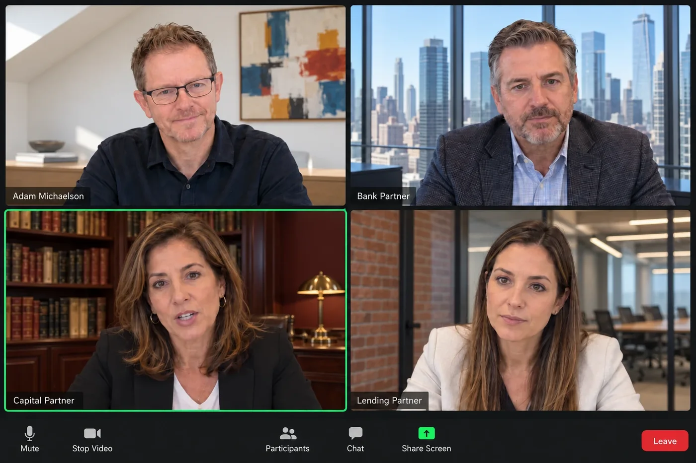 A video call with four participants: Adam Michaelson and a bank partner, a capital partner and a lending partner