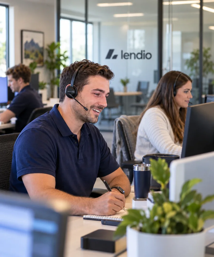 Lendio sales team members on headsets on a call with a loan applicant, with the Lendio logo on the glass behind them